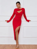 SLIM FIT SEXY SPLIT LONG SLEEVE DRESS