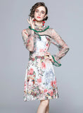 RETRO STAND COLLAR GAUZE WOODEN EAR FLORAL DRESS