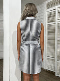 SHIRT LAPEL SLEEVELESS STRIPED DRESS