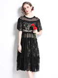ROUND NECK BLACK LACE SHORT SLEEVE DRESS