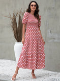 ROUND NECK BUBBLE SLEEVE POLKA DOT PRINT DRESS