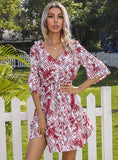 V-NECK PRINTED TRUMPET SLEEVE LEAF DRESS