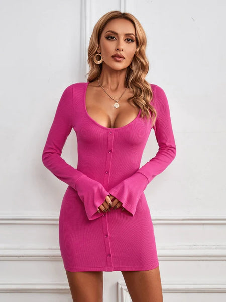 SEXY SINGLE-BREASTED KNITTED LONG-SLEEVED DRESS