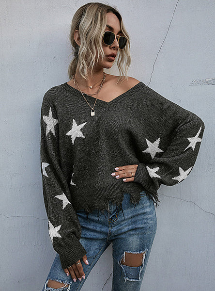 V-NECK PULLOVER STAR PATTERN SWEATER