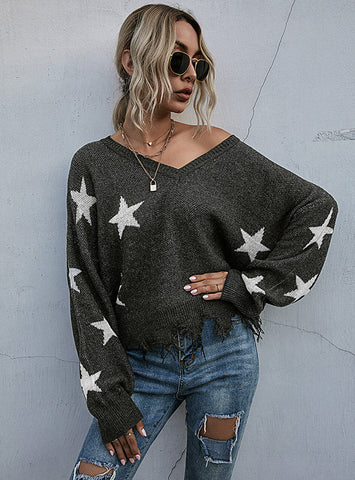 V-NECK PULLOVER STAR PATTERN SWEATER