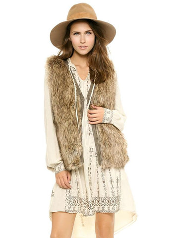 WOMEN BROWN FAUX FUR VESTS V-NECK SLEEVELESS