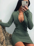ZIPPER DEEP V-NECK SOLID STRETCH BODYCON PENCIL PARTY MINI DRESS