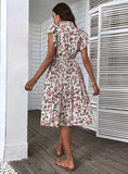 CASUAL PLEATED LACE-UP PRINT DRESS
