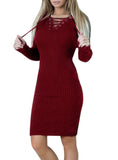Women Bodycon Knitted Dress V-Neck Long Sleeve 