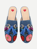 Fathion Embroidery Detail Tassel Embellished Loafer Mules