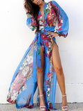 Long Sleeve Deep V Neck Side Split Chiffon Floral-Print Maxi Dress