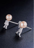 Fashion Proposing Lovers with Pink Fresh Water Pearl 925 Sterling Silver Ear Studs