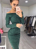 Long Sleeve off shoulder Women mid-calf Dress 