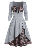 Retro Lace Stitching Button Long Sleeve Dress