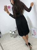 Long Sleeve Casual Women Lace Pleated Black Ribbon Hollow Chiffon Midi Dress