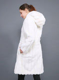 White Long Coat With Rabbit Fur Cap For Women