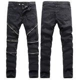 Stone Washed Elastic Slim Denim Jeans For Men Casual Multi-zippers 