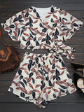 Leaves Print Cropped Wrap Top and High Waisted Lined Shorts