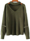 Women Knitted Choker Sweater V Neck Drop Shoulder 