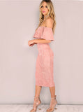 Midi Pink Faux Suede Off The Shoulder Ruffle Dress