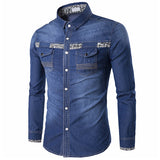 Denim Stylish Shirts for Men Blue Printing Chest Pockets 