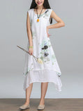 Women Dress Casual Cotton Linen Dress Printed O-neck