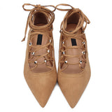 Cheap Brown Rivet Embellished Lace-up Pointed Toe Flats