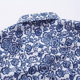 Turn down Collar Long Sleeve Slim Fit Casual Shirts Mens Spring Fall Blue White Floral Printing 