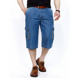  Cotton Short Multi Pockets Jeans Casual Loose Straight Leg Thin