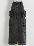 High Waist Stitching Pocket Long Skirt