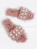 Beatiful Faux Pearl Embellished Fuzzy Sliders