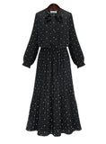 Long Sleeve Solid Black Chiffon Dot Loose Big Size Dress