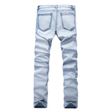 Stone Washed Biker Jeans for Men Light Blue Folds High Elastic Slim Ripped 