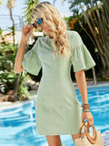 SEXY BACKLESS RUFFLED SLEEVE ROUND NECK DRESS