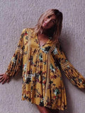 Short Yellow Floral Flared Sleeves V-neck Mini Dress