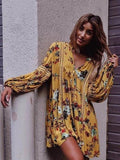 Short Yellow Floral Flared Sleeves V-neck Mini Dress