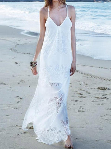 Casual Beach Lace Split-joint Condole Belted Maxi Dress