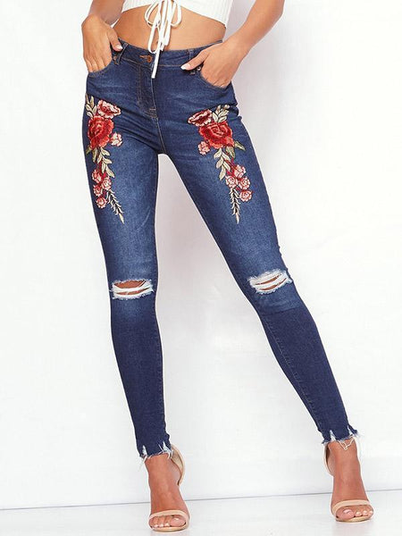 Graceful Embroidered Ripped Jean Pants Bottoms