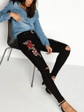 Graceful Embroidered Ripped Jean Pants Bottoms
