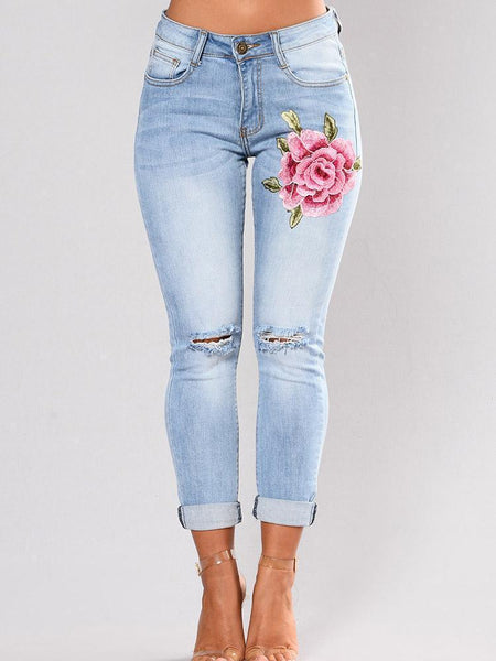 New Embroidered Ripped Pencil Jean Pants Bottoms