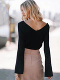 Elegant Off-the-shoulder Long Flare Sleeves Sweater Tops