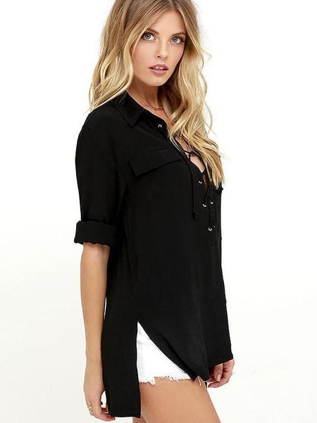 Long Sleeve Stand Neck Lace Up Blouse Tops