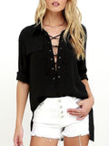 Long Sleeve Stand Neck Lace Up Blouse Tops