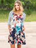 Floral Split-joint Striped Mini Dress