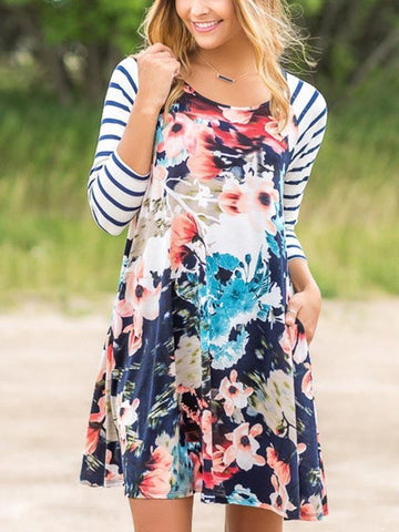 Floral Split-joint Striped Mini Dress