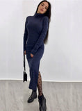 Long Sweater Dress Long Sleeve High Neck Slim Split Bodycon 