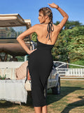 SEXY BACKLESS PLEATED V-NECK HALTER DRESS