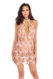 V-NECK HALTER BACKLESS FRINGED SEQUINED DRESS