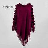 FRINGED FUR BALL ROUND COLLAR PULLOVER CAPE SHAWL