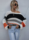 COLOR MATCHING LOOSE KNIT ROUND NECK PULLOVER